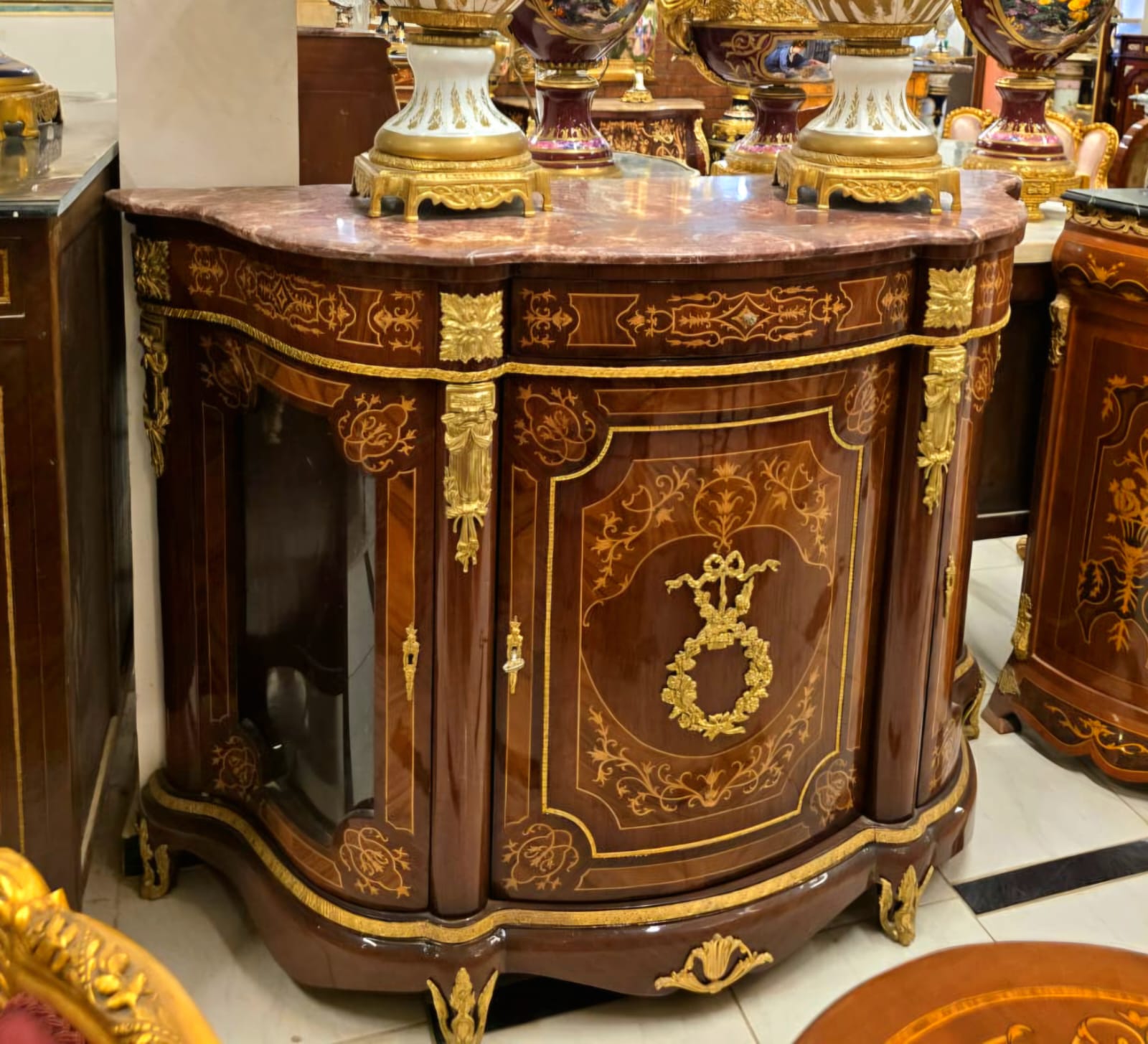 Monumental French Louis XVI Display Commode Cabinet with Marble Top, Glass Side Panels, Gold Leaf & Bronze Ormolu
