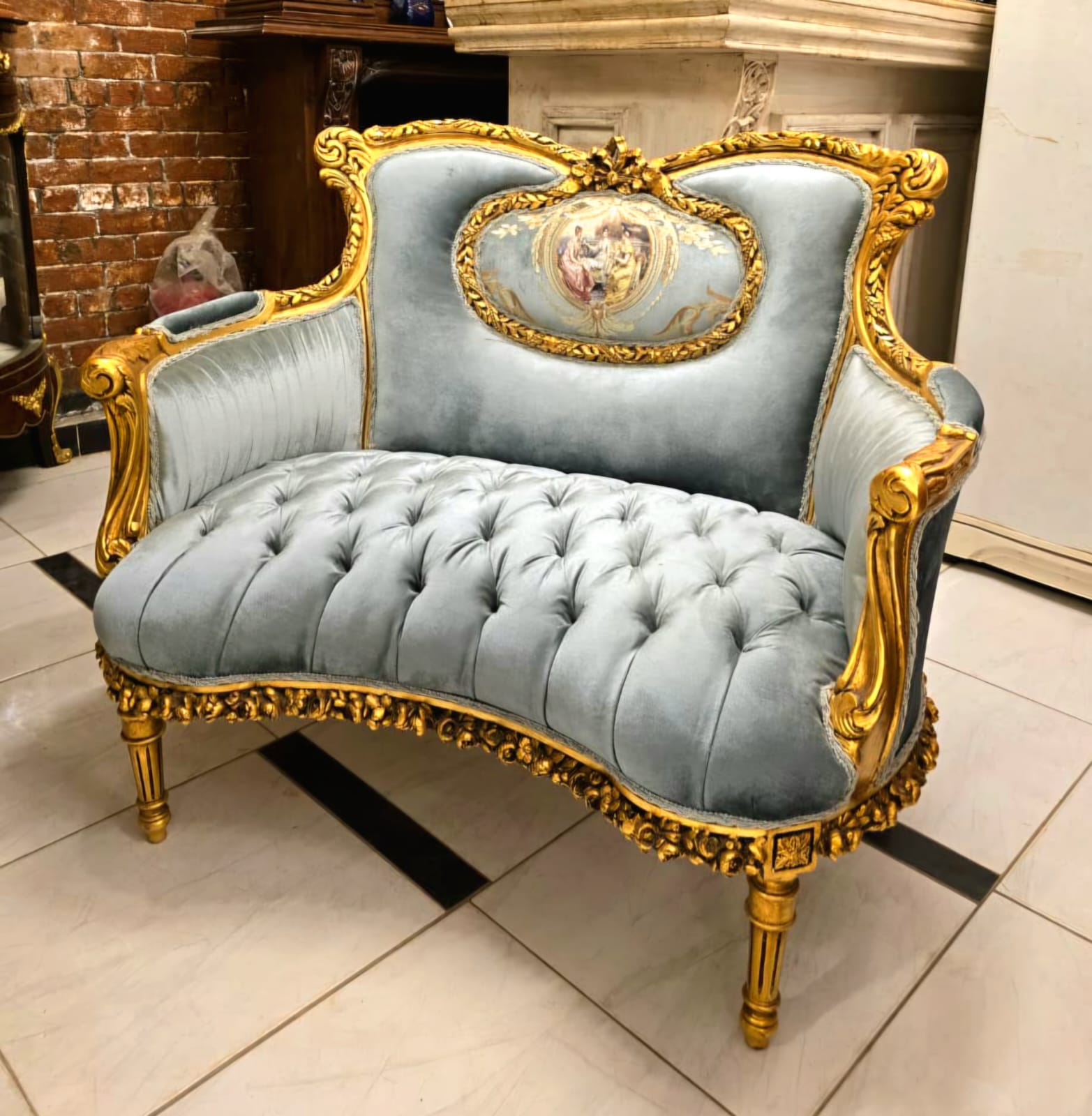 Romantic French Louis XV Blue Velvet Loveseat Sofa with Hand-Carved Gold Leaf Frame