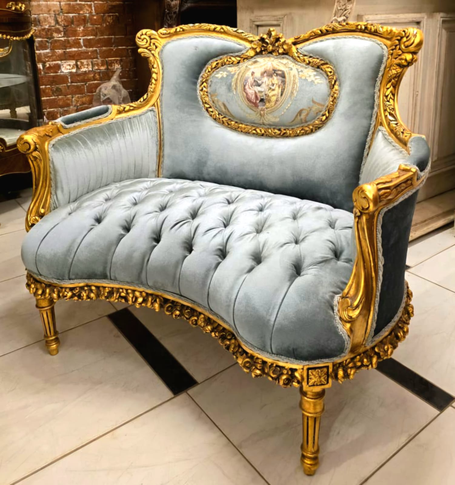 Romantic French Louis XV Blue Velvet Loveseat Sofa with Hand-Carved Gold Leaf Frame