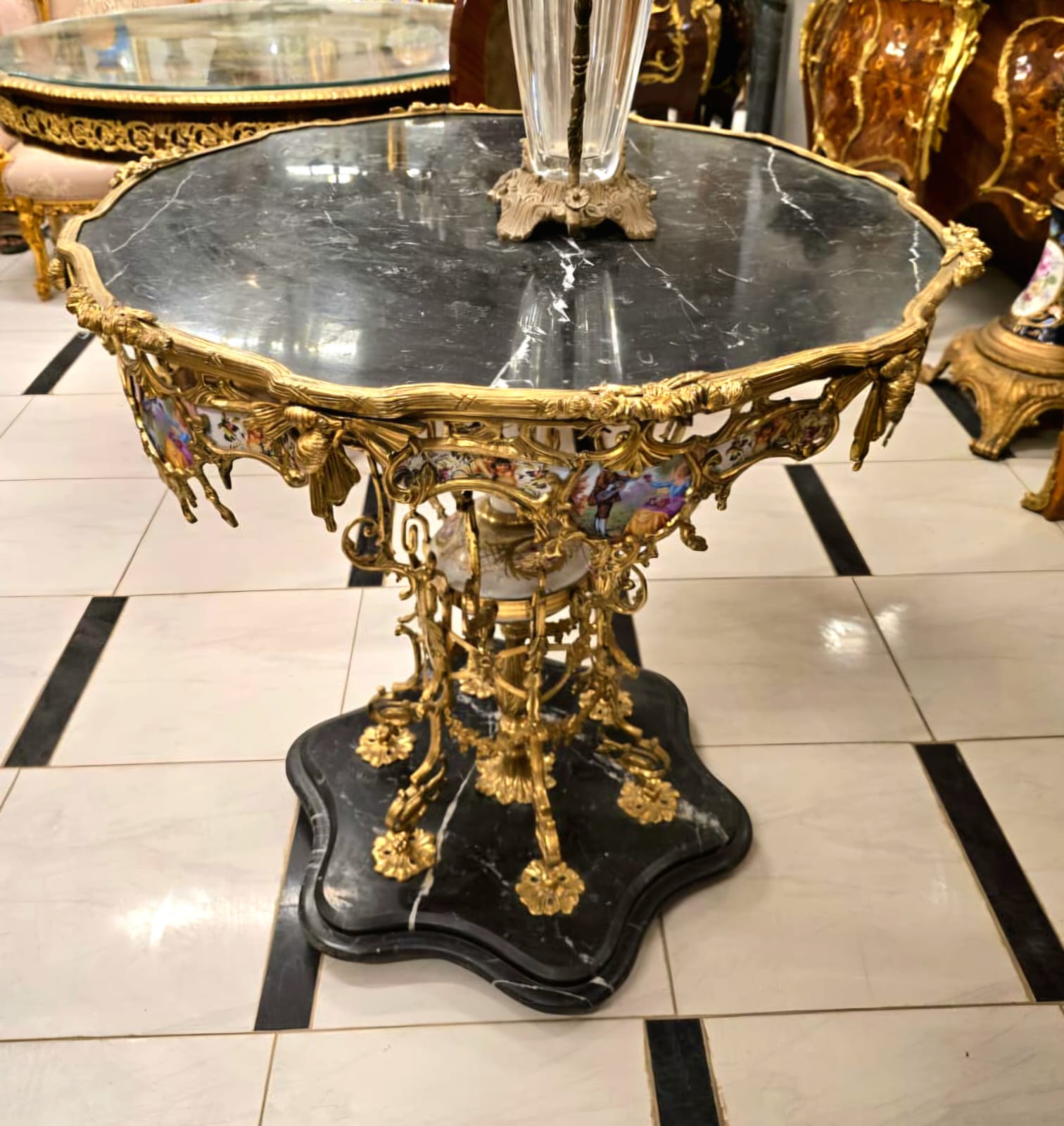 Monumental French Baroque Coffee Table with Glass Top, Marble Base & Gold Leaf Details