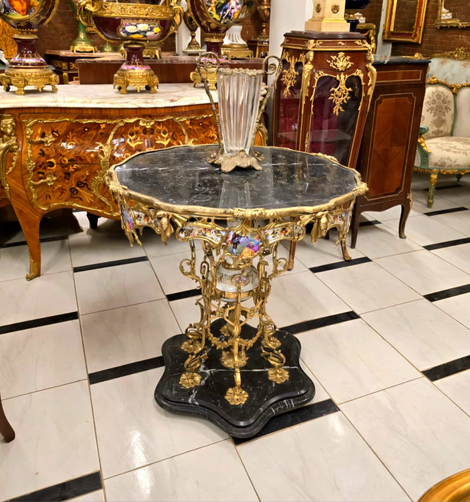 Monumental French Baroque Coffee Table with Glass Top, Marble Base & Gold Leaf Details