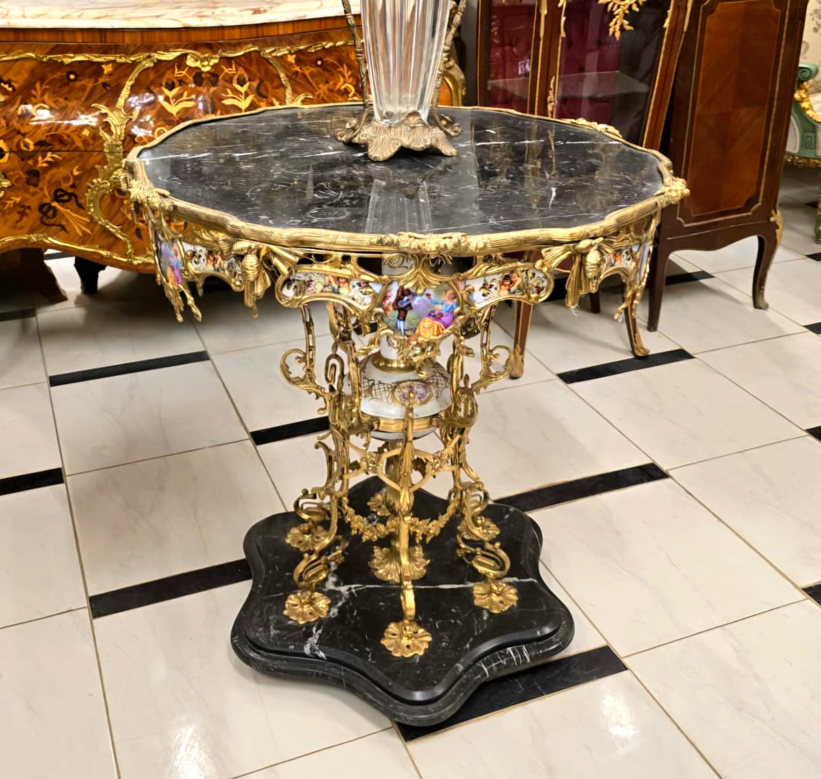 Monumental French Baroque Coffee Table with Glass Top, Marble Base & Gold Leaf Details