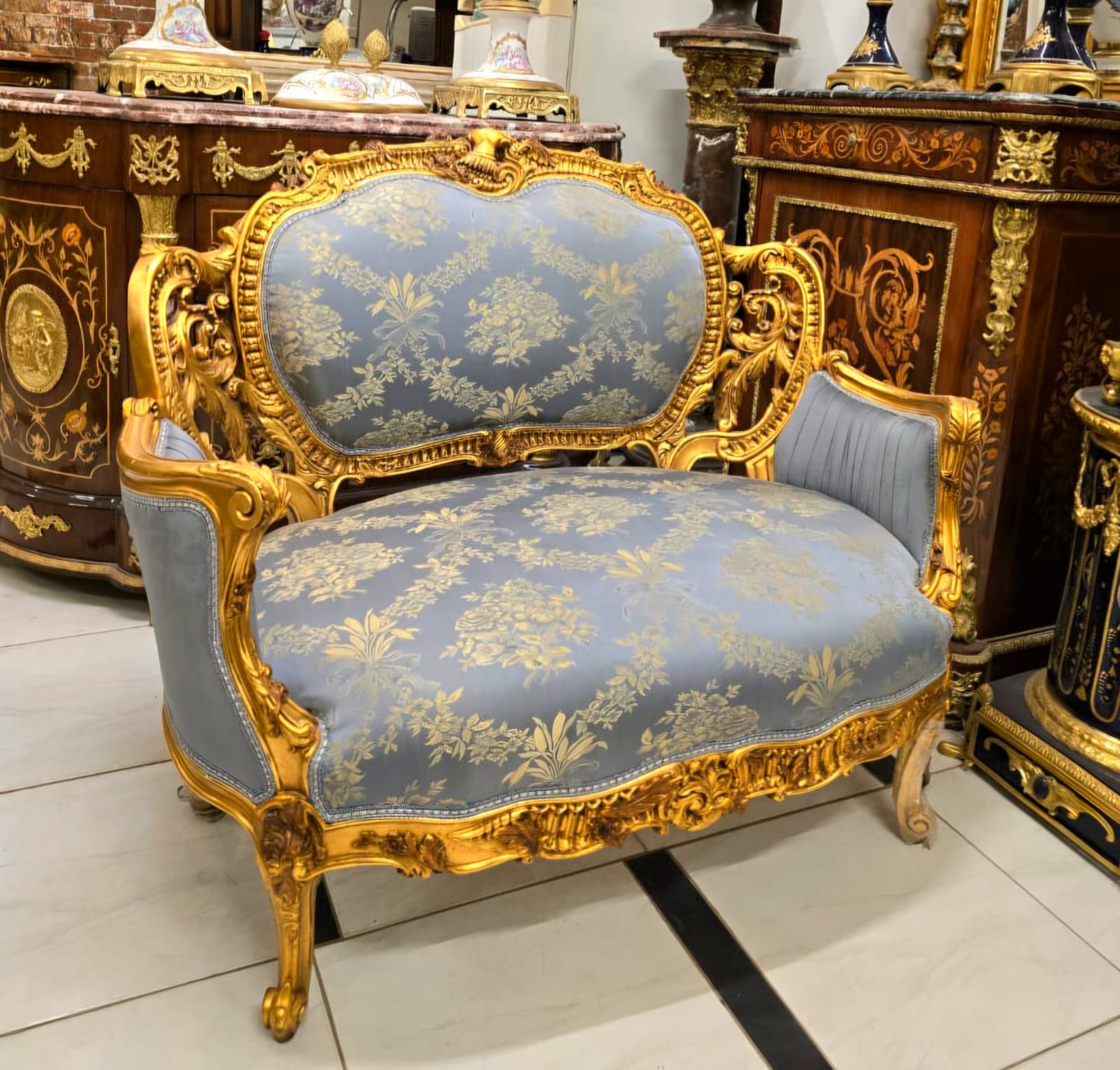 French Louis XV Blue Damask Sofa with Hand-Carved Gold Leaf Frame