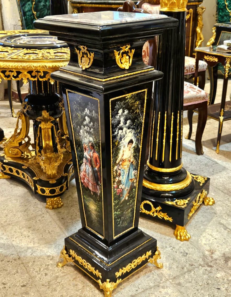 French Empire Black Pedestal with Marble Top, Hand-Painted Floral Panels, Gold Leaf & Bronze Ormolu