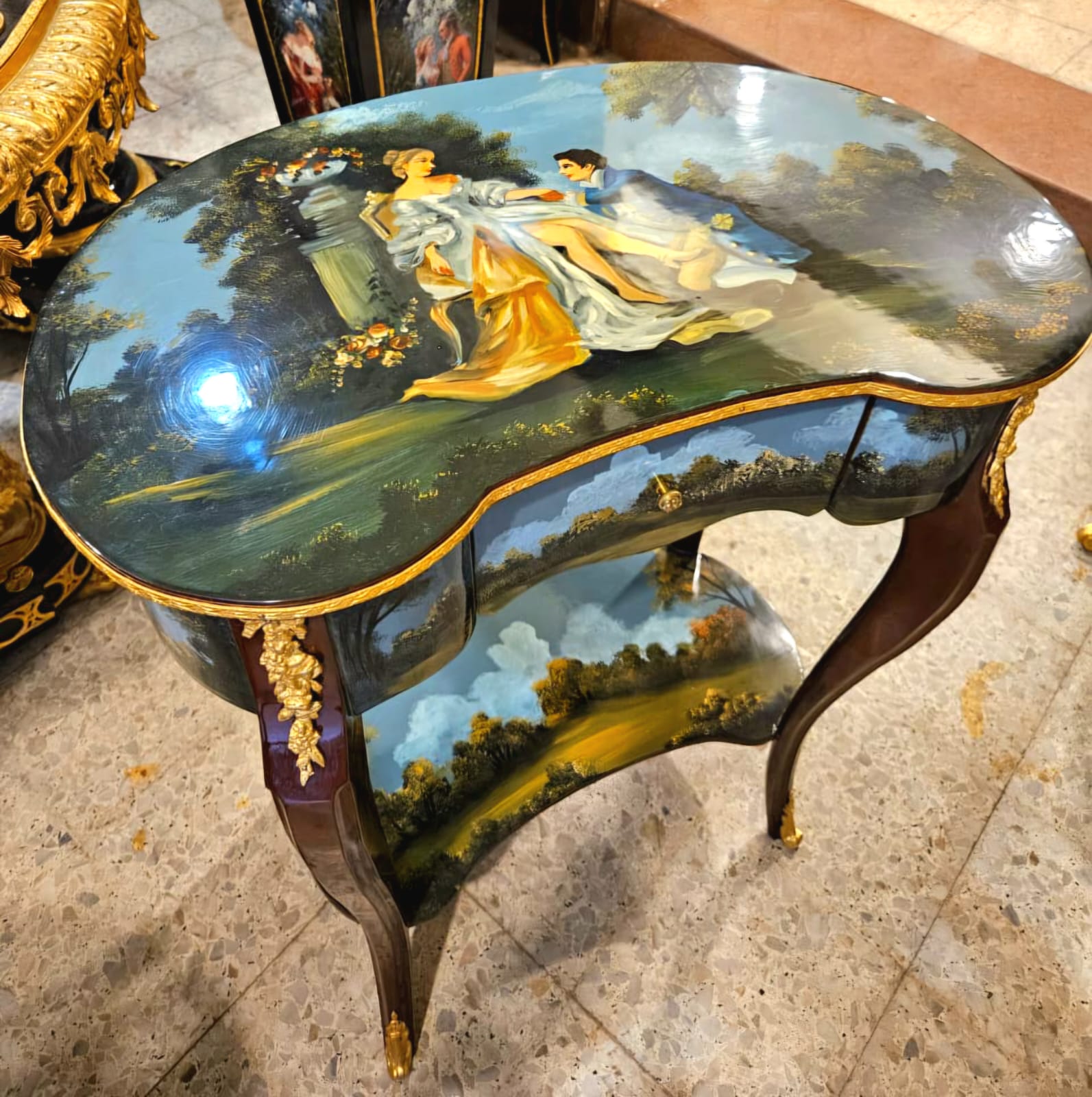 Hand-Painted French Louis XV Side Table with Romantic Scenic Artwork, Gold Leaf & Bronze Mounts