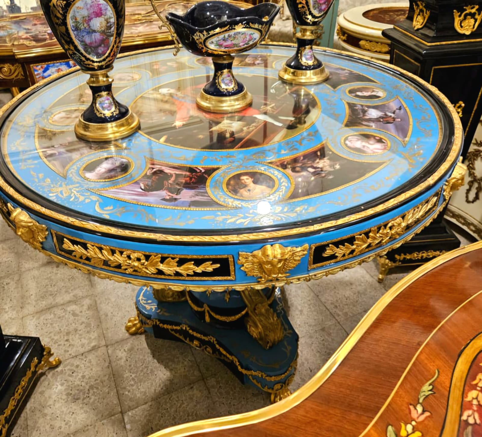 Grand French Empire Sky Blue Round Dining Table with Gold Leaf, Bronze Mounts & Glass-Protected Artistic Top