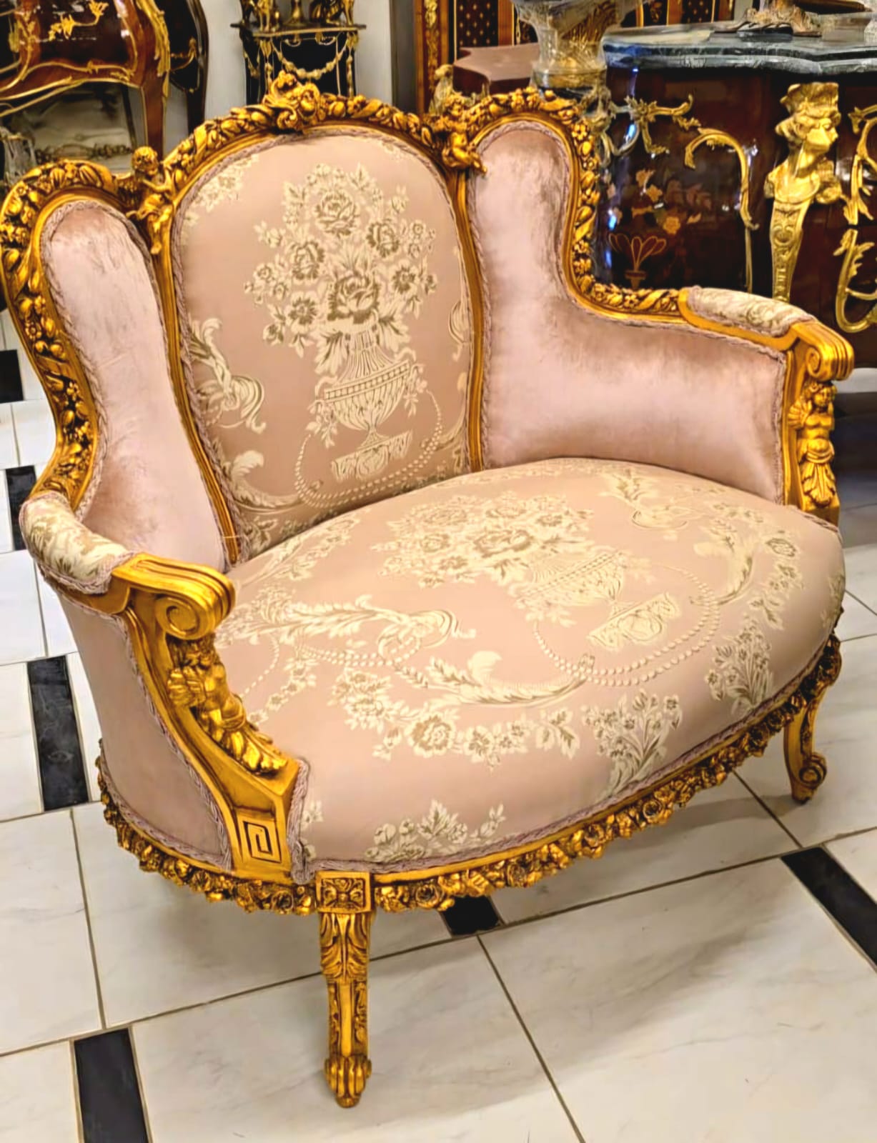 French Louis XV Loveseat Sofa with Gold Leaf Frame & Pink Damask Upholstery