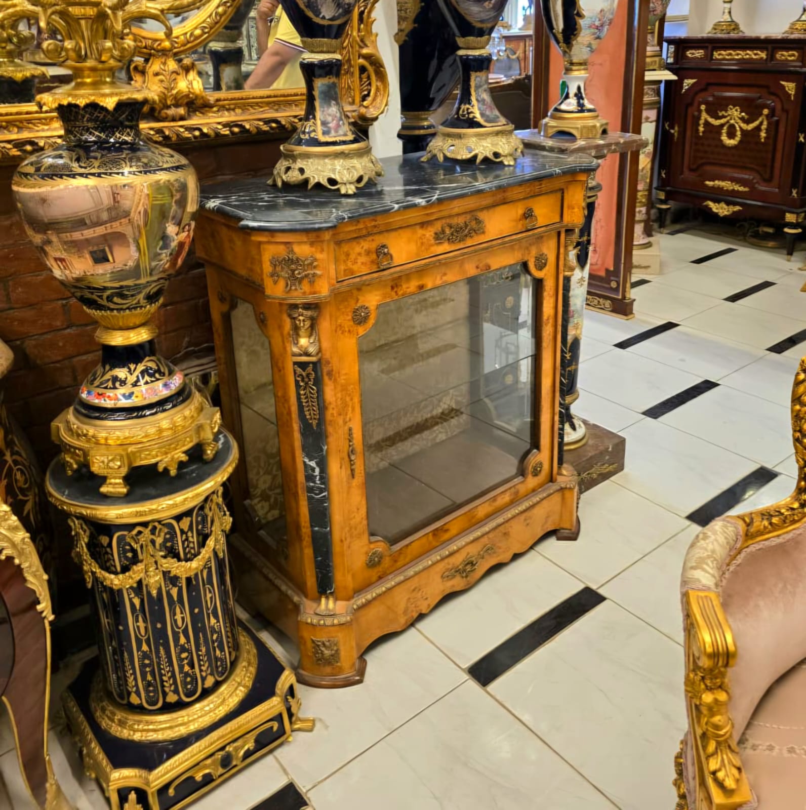 French Louis XVI Marble Top Display Commode Cabinet with Glass Door, Bronze Mounts & Gold Leaf Accents