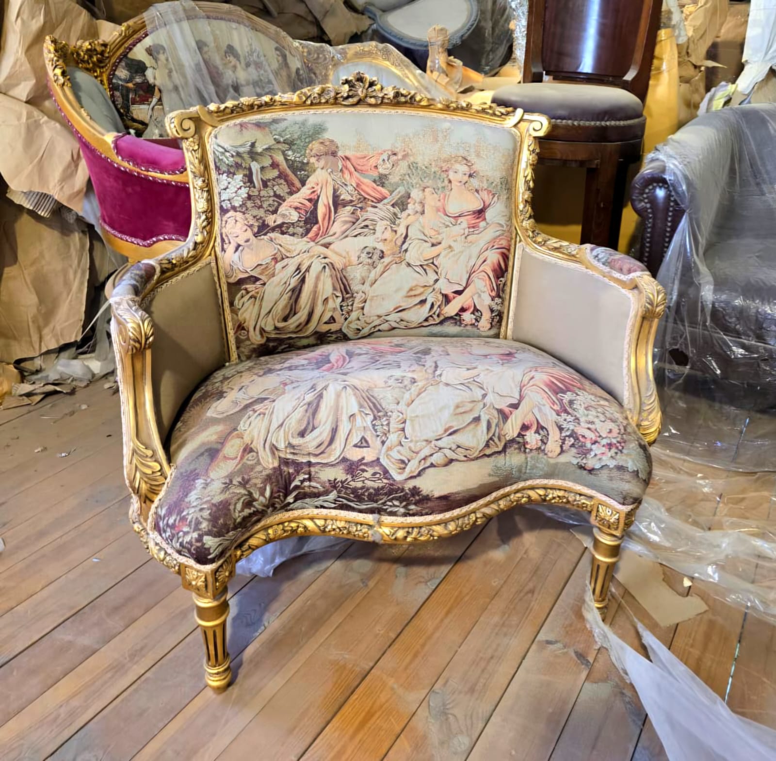 French Louis XV Accent Armchair with Romantic Tapestry Upholstery & Gold Leaf Frame