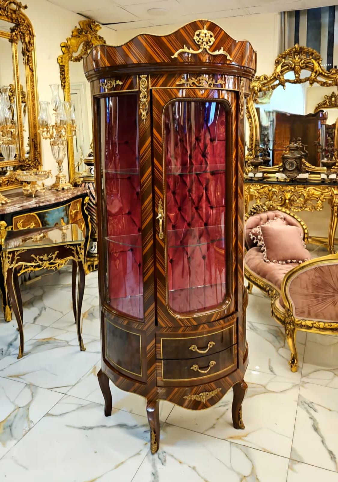 French Rococo Curio Cabinet with Tufted Velvet Interior, Gold Leaf & Bronze Accents