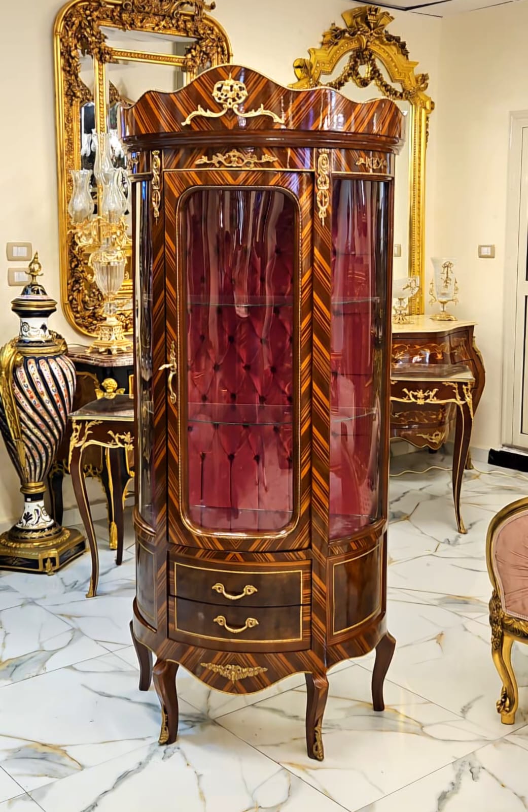 French Rococo Curio Cabinet with Tufted Velvet Interior, Gold Leaf & Bronze Accents