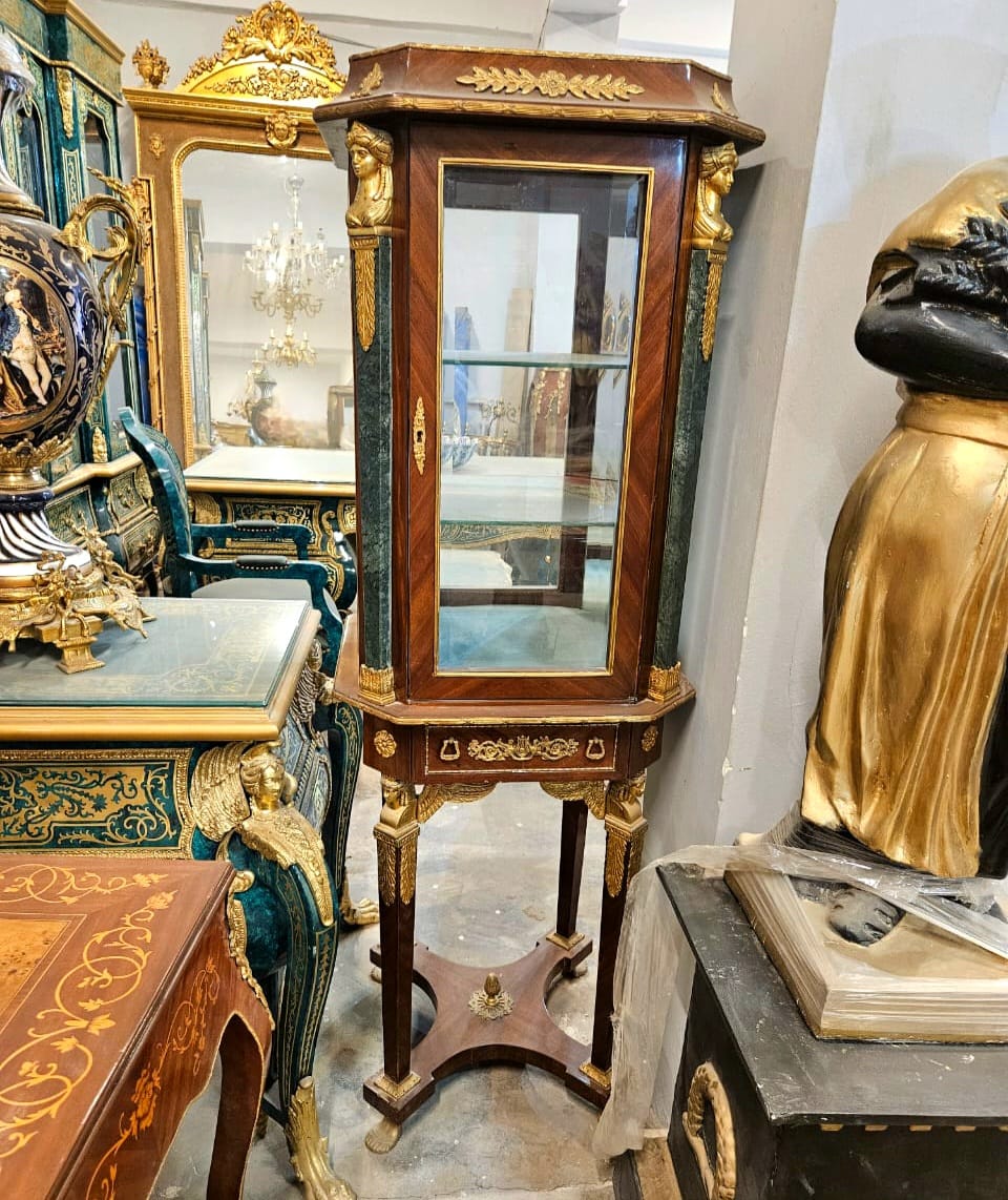French Empire Curio Display Cabinet with Glass Shelves, Bronze Figures & Gold Leaf Accents