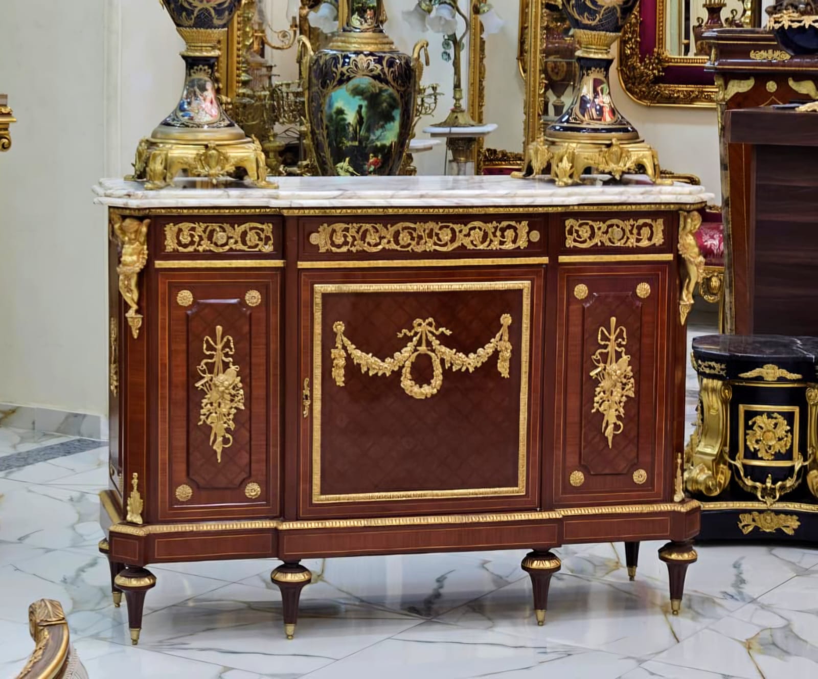 French Louis XVI Sideboard with Marble Top, Gold Leaf Accents & Gilt Bronze Mounts