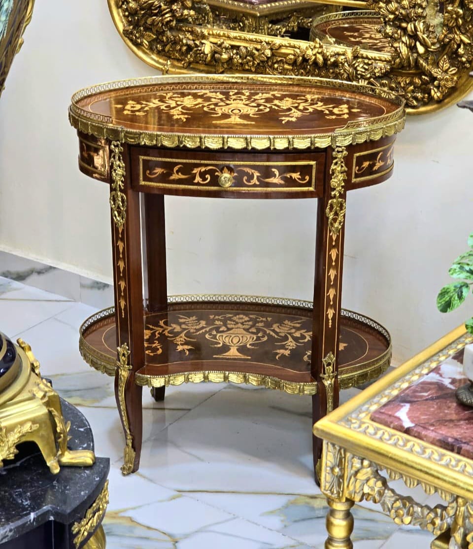 French Louis XV Side Table with Fine Marquetry, Brass Gallery & Lower Shelf