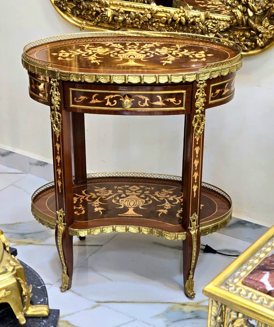 French Louis XV Side Table with Fine Marquetry, Brass Gallery & Lower Shelf