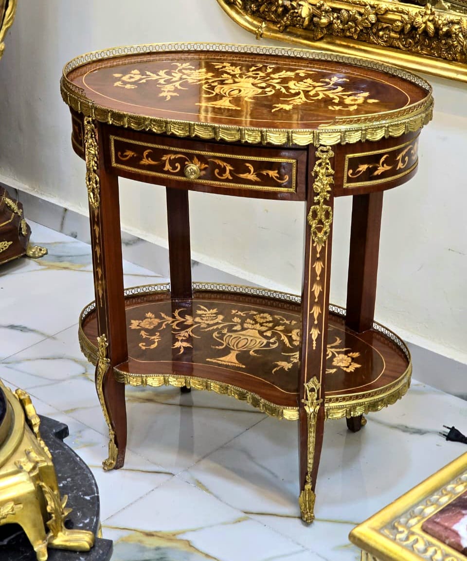 French Louis XV Side Table with Fine Marquetry, Brass Gallery & Lower Shelf