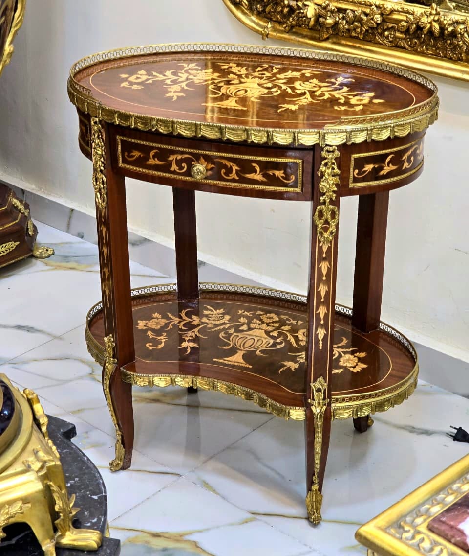 French Louis XV Side Table with Fine Marquetry, Brass Gallery & Lower Shelf