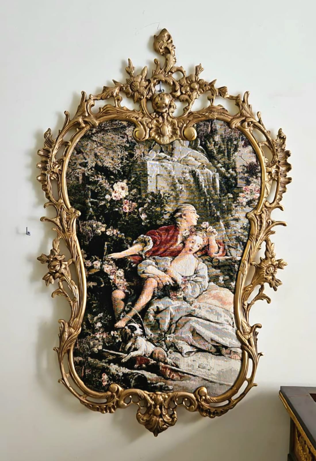Elegant French Rococo Woven Tapestry with Gold Leaf Frame