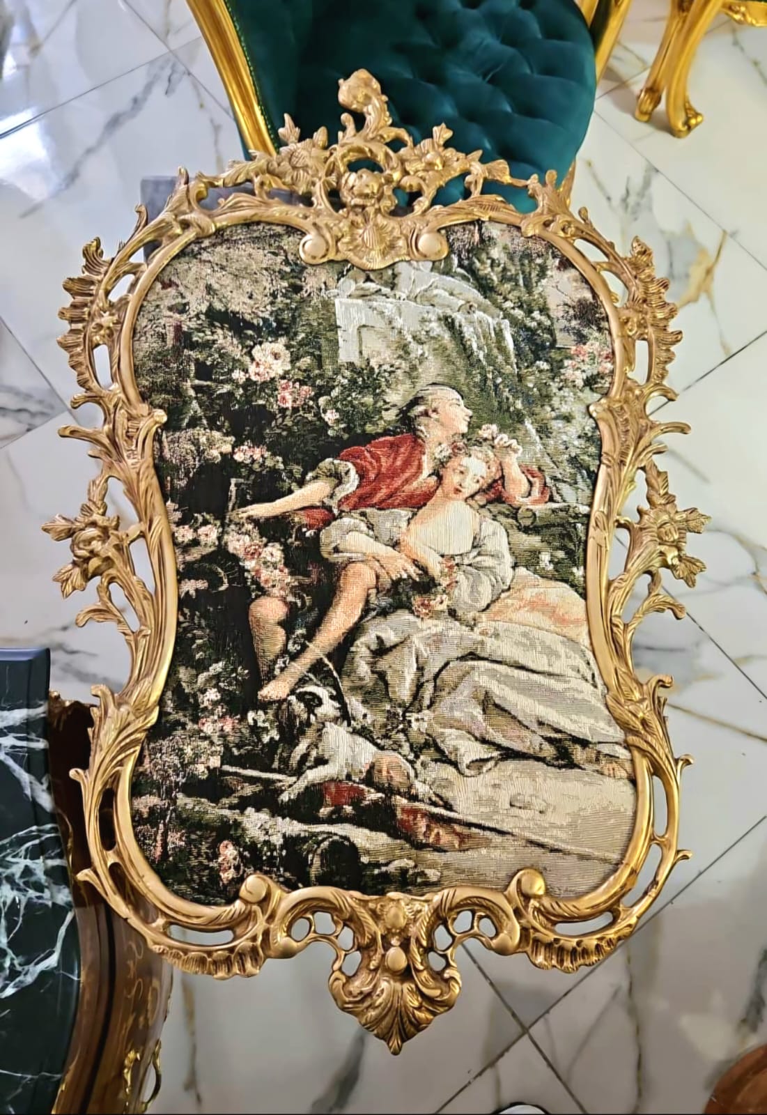 Romantic French Tapestry Wall Art with Ornate Gold Leaf Frame