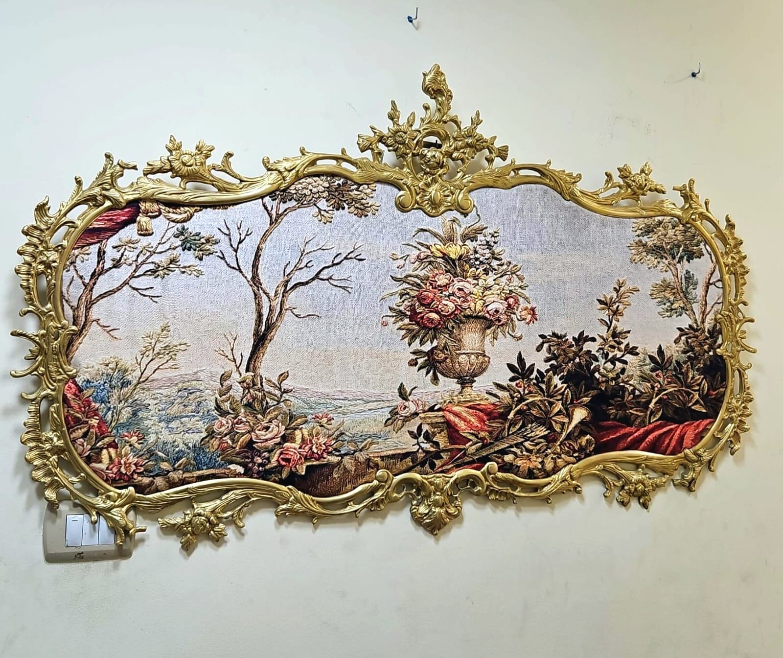 French Floral Tapestry Wall Art with Ornate Gold Leaf Frame – Rose Garden Landscape