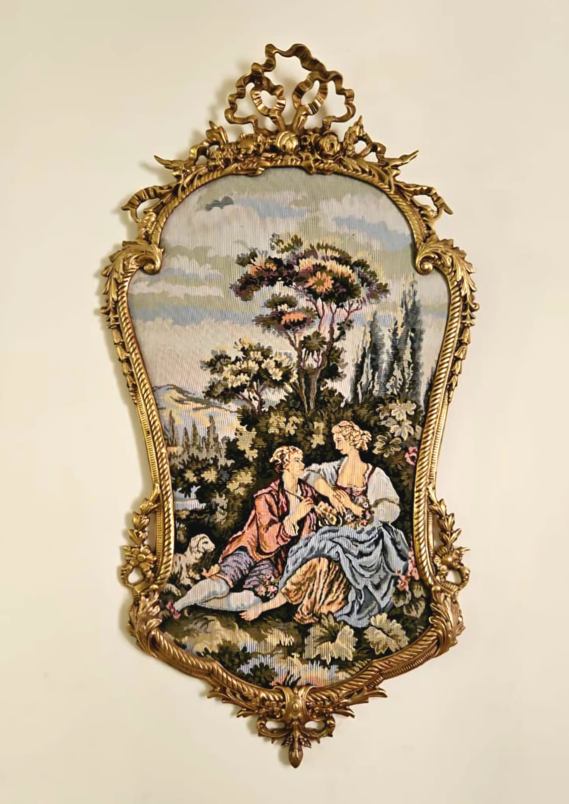 French Rococo Love Scene Tapestry with Hand-Finished Gold Leaf Frame
