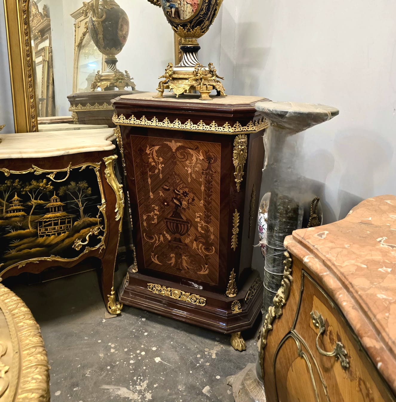 Luxury French Marquetry Accent Cabinet with Marble Top & Gold Bronze Mounts
