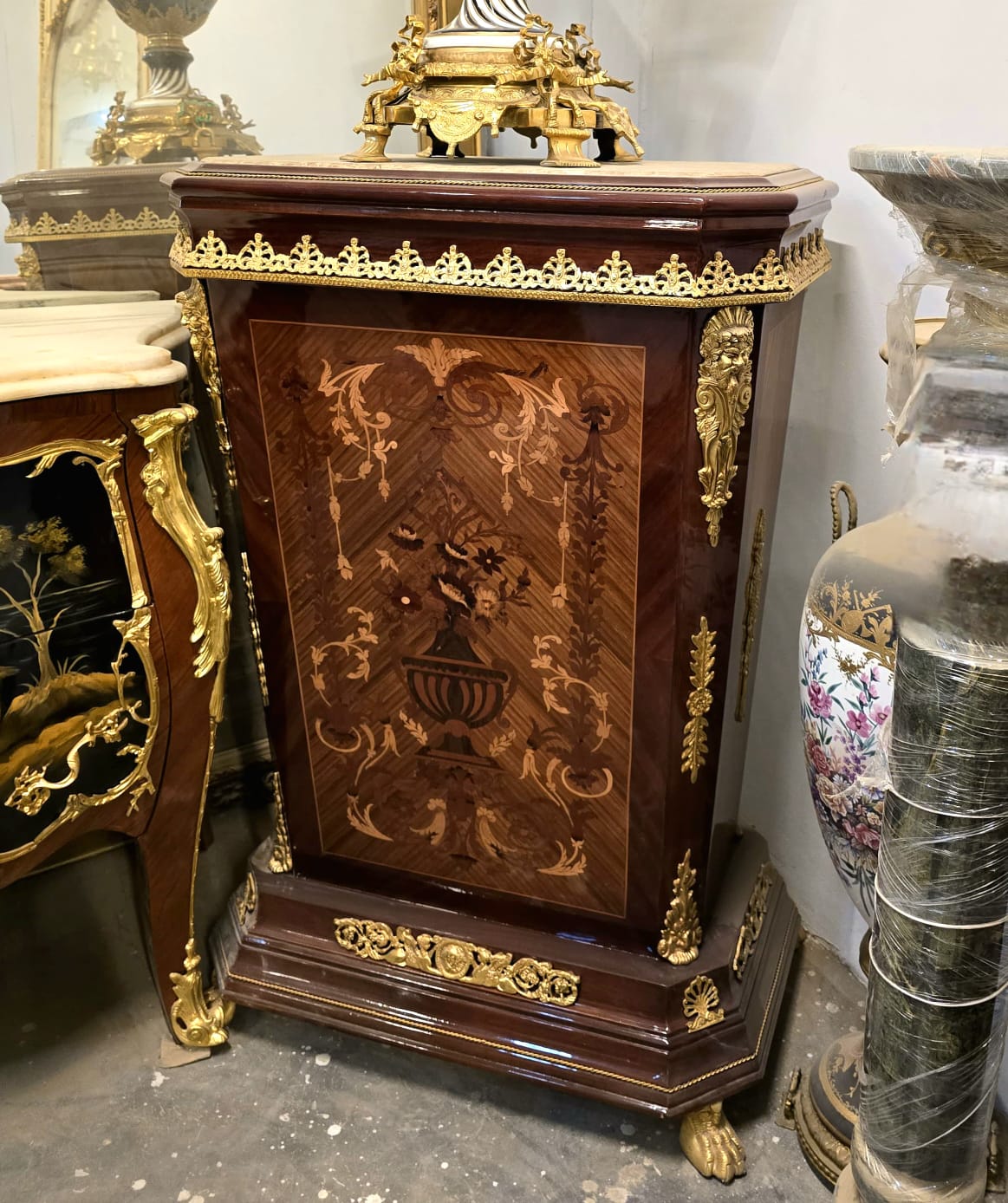 Luxury French Marquetry Accent Cabinet with Marble Top & Gold Bronze Mounts