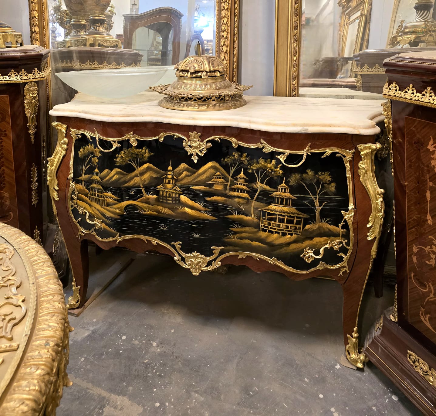 Grand French Chinoiserie Bombe Commode with Marble Top, Hand-Painted Landscape & Gold Leaf Accents