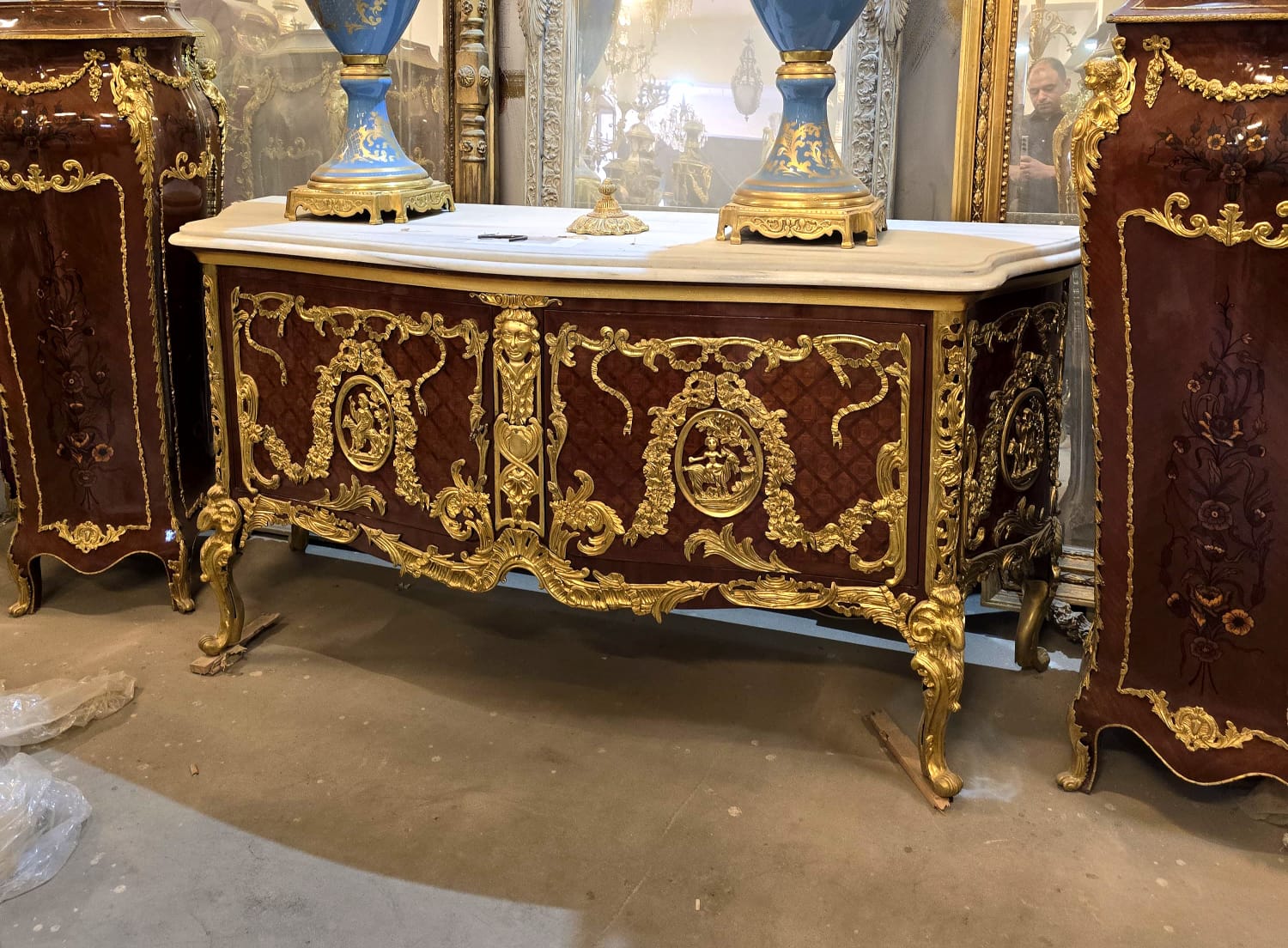 Grand French Louis XV Sideboard Buffet with Marble Top, Gold Leaf & Bronze Ormolu Accents