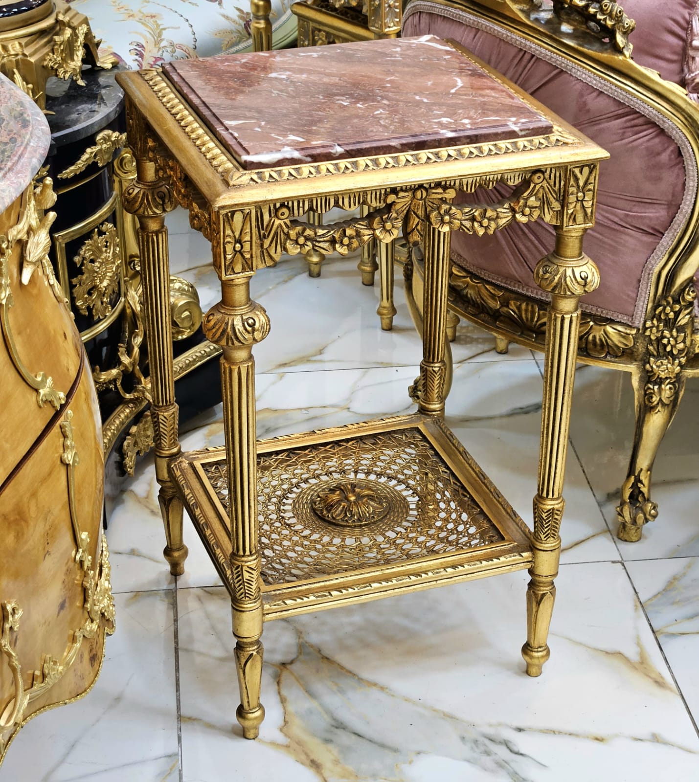 Luxury French Accent Side Table with Floral Marquetry & Cabriole Legs