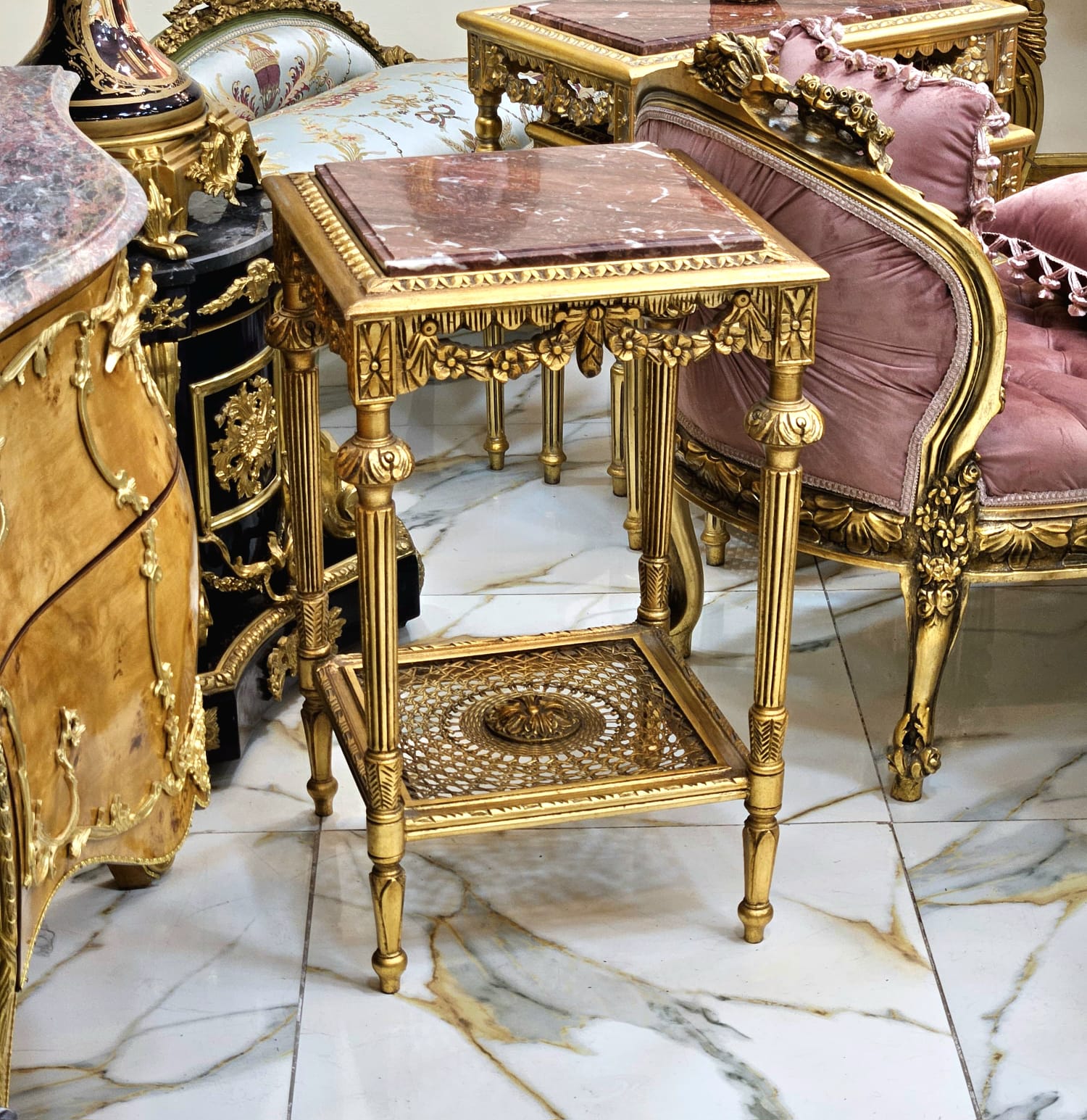 Luxury French Accent Side Table with Floral Marquetry & Cabriole Legs