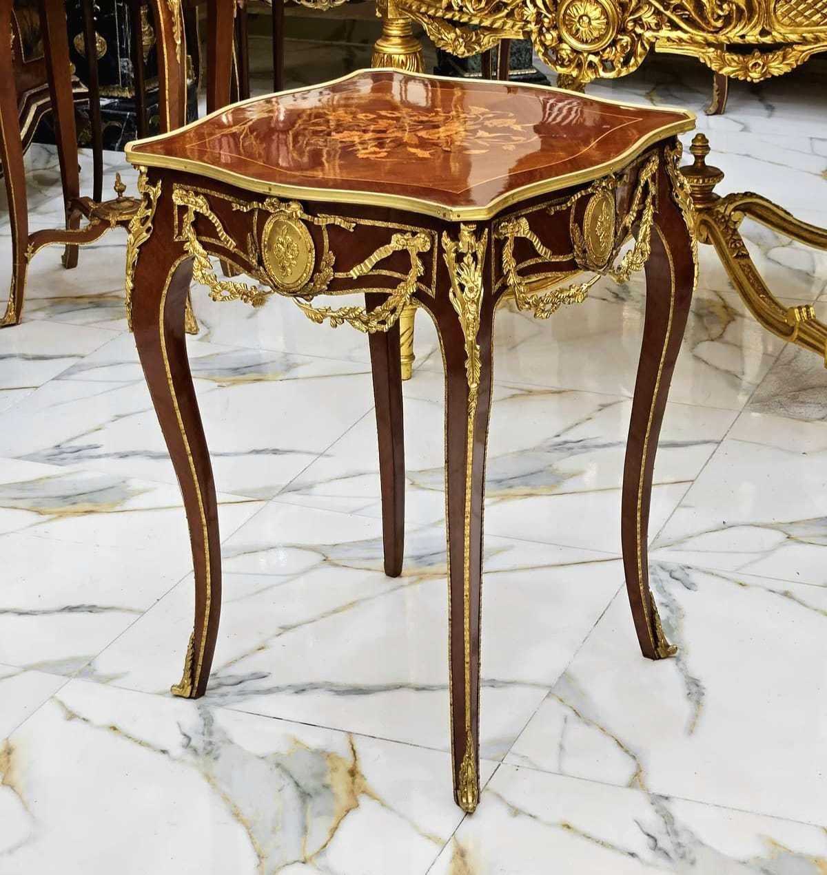 Louis XV Inspired Side Table with Fine Marquetry & Gold Leaf Accents