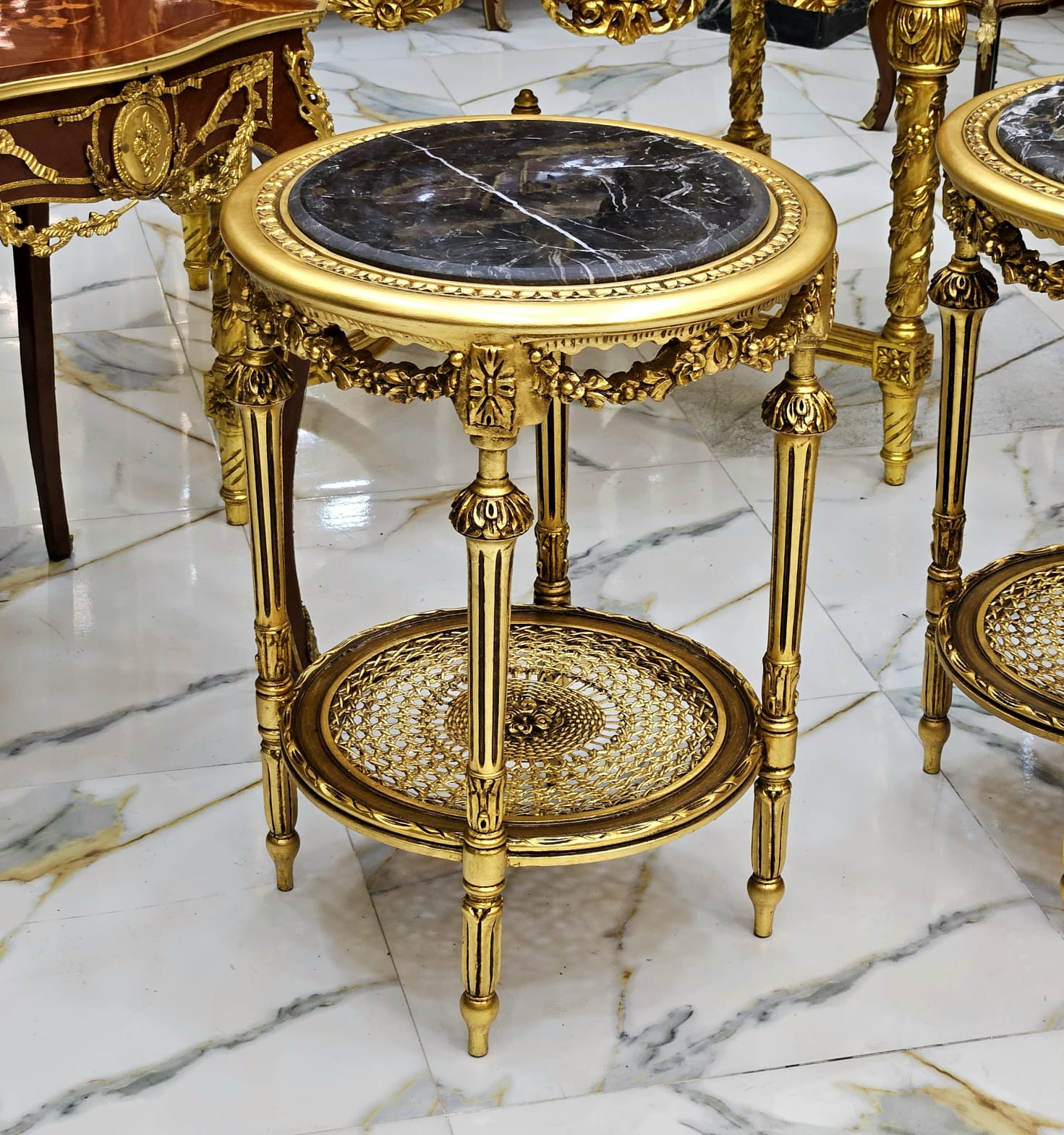Elegant French Louis XV Side Table with Floral Marquetry & Gilt Details