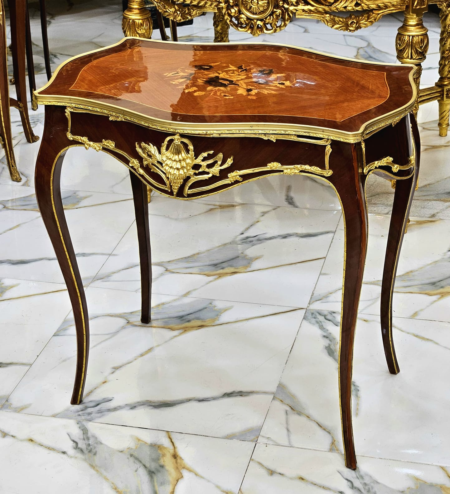 Italian Louis XV Floral Marquetry Side Table with Gold Leaf Accents & Elegant Cabriole Legs