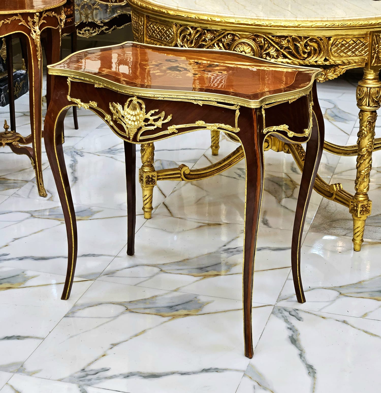Italian Louis XV Floral Marquetry Side Table with Gold Leaf Accents & Elegant Cabriole Legs
