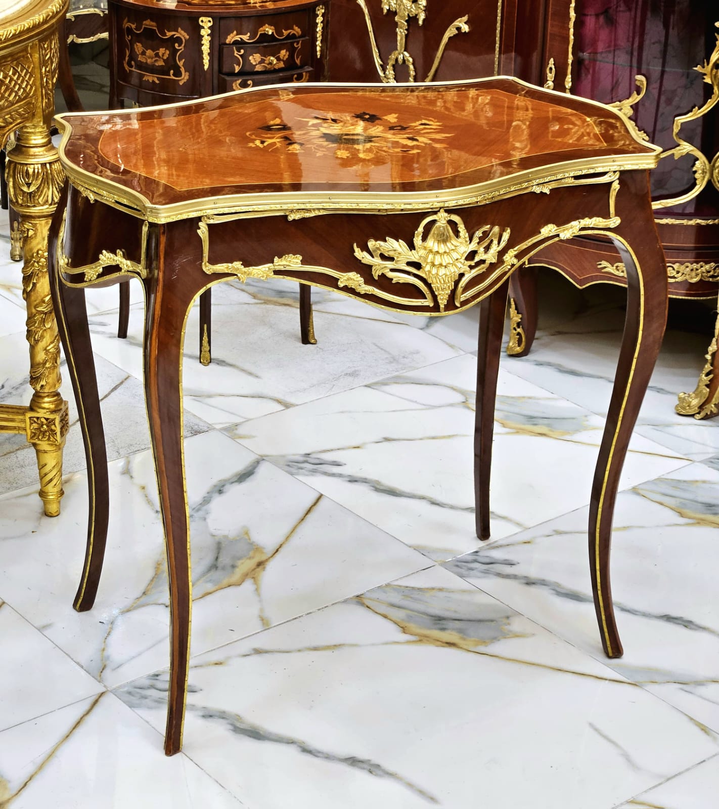 Italian Louis XV Floral Marquetry Side Table with Gold Leaf Accents & Elegant Cabriole Legs