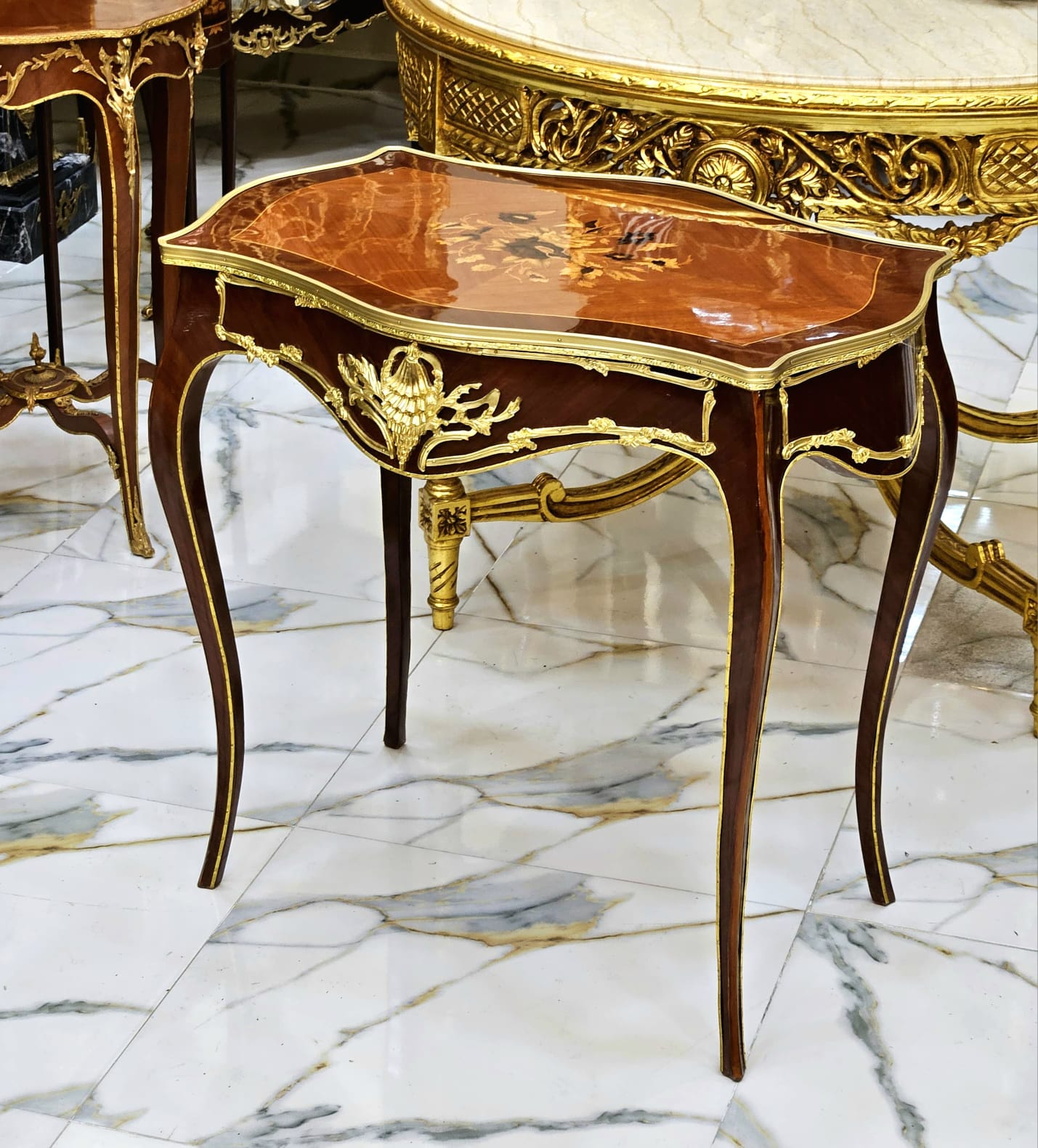 Italian Louis XV Floral Marquetry Side Table with Gold Leaf Accents & Elegant Cabriole Legs