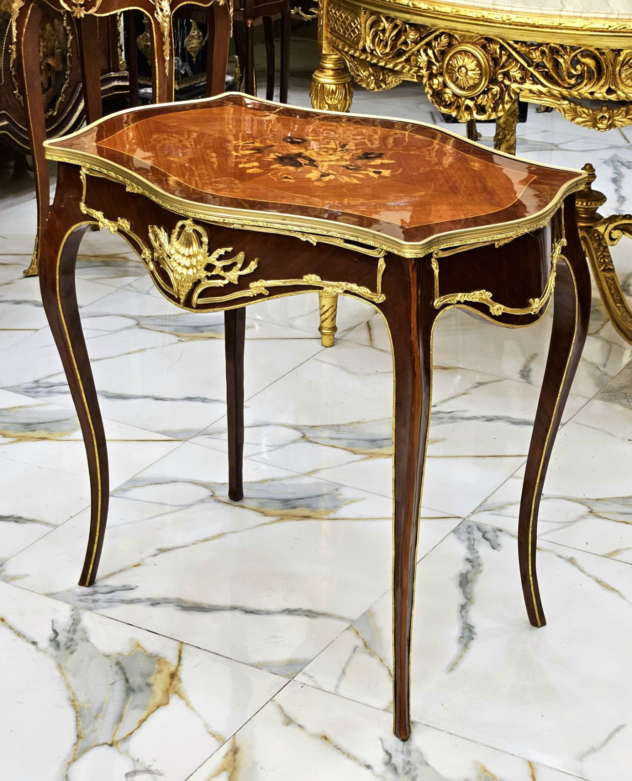 Italian Louis XV Floral Marquetry Side Table with Gold Leaf Accents & Elegant Cabriole Legs