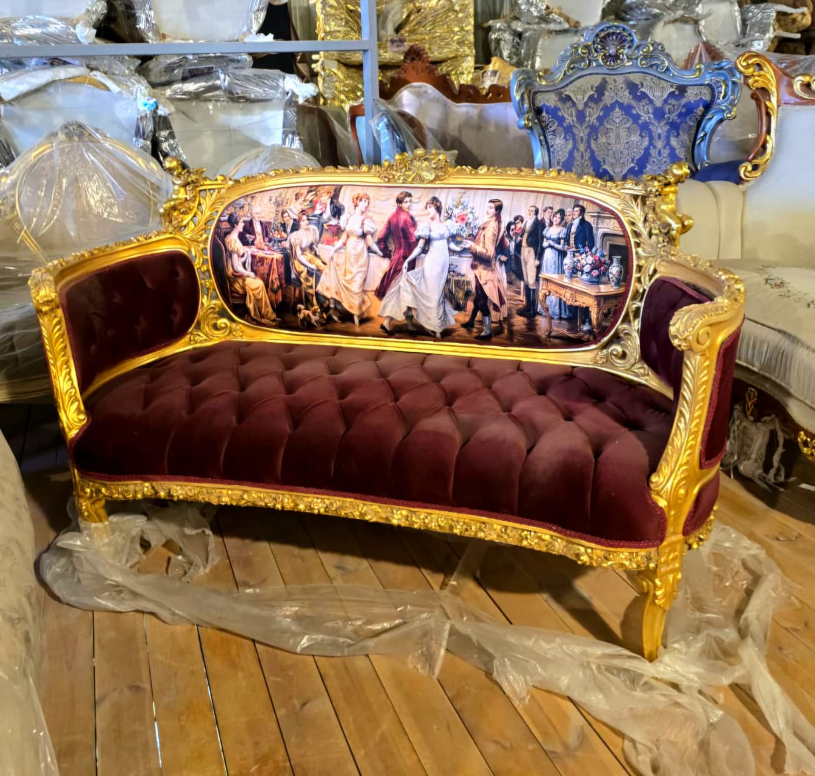 Grand French Louis XV Burgundy Velvet Sofa with Romantic Ballroom Tapestry & Hand-Gilded Frame