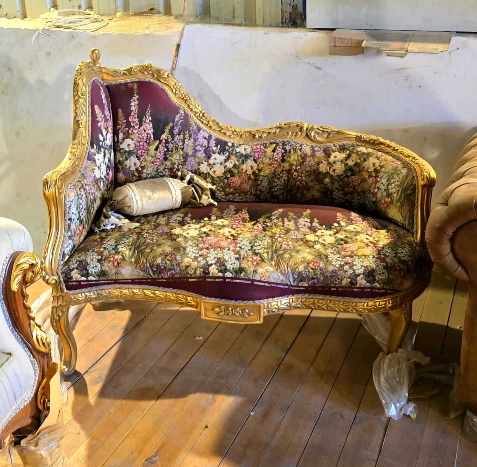 French Louis XV Loveseat Settee with Floral Garden Upholstery & Hand-Gilded Gold Leaf Frame