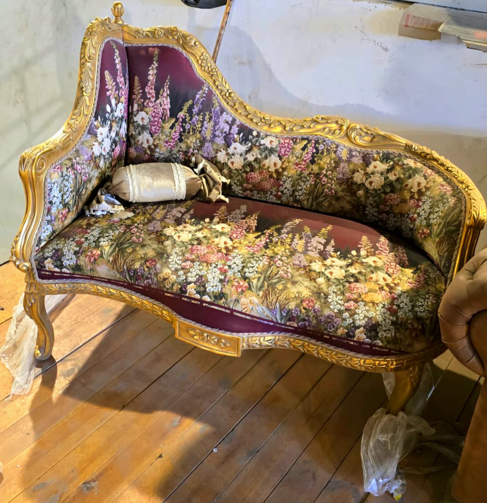 French Louis XV Loveseat Settee with Floral Garden Upholstery & Hand-Gilded Gold Leaf Frame