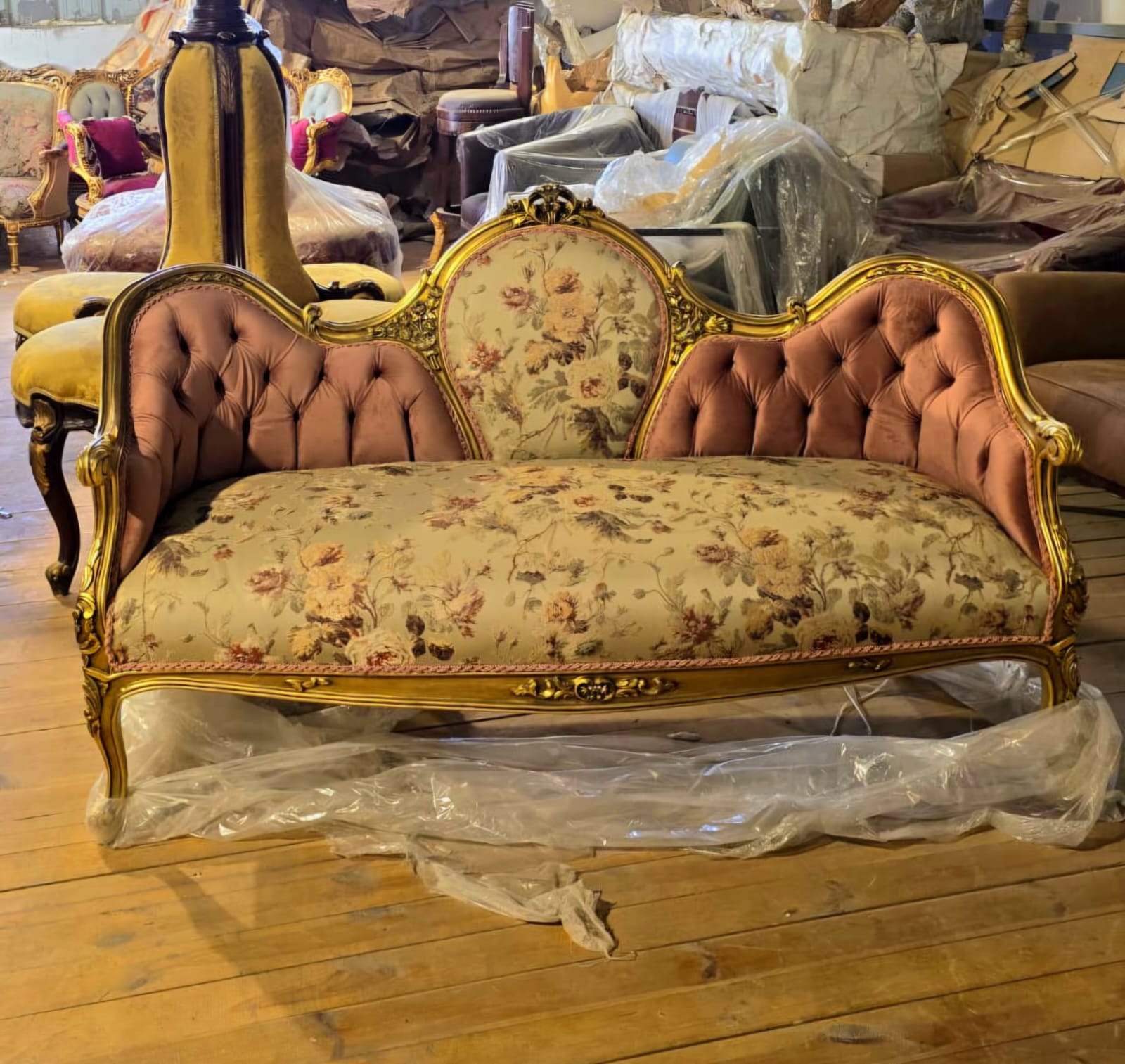 Grand French Louis XV Sofa with Blush Velvet, Floral Damask Upholstery & Hand-Gilded Gold Leaf Frame