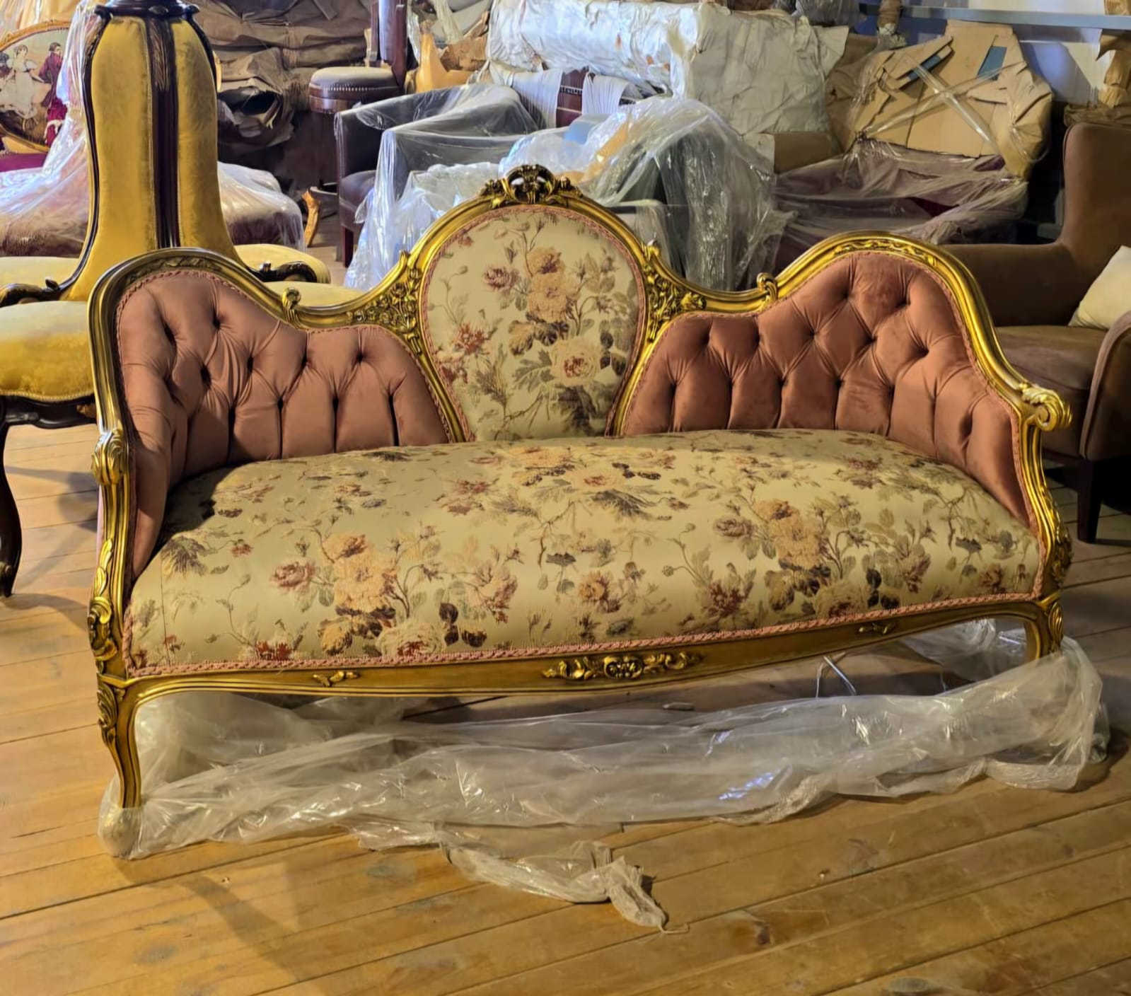 Grand French Louis XV Sofa with Blush Velvet, Floral Damask Upholstery & Hand-Gilded Gold Leaf Frame