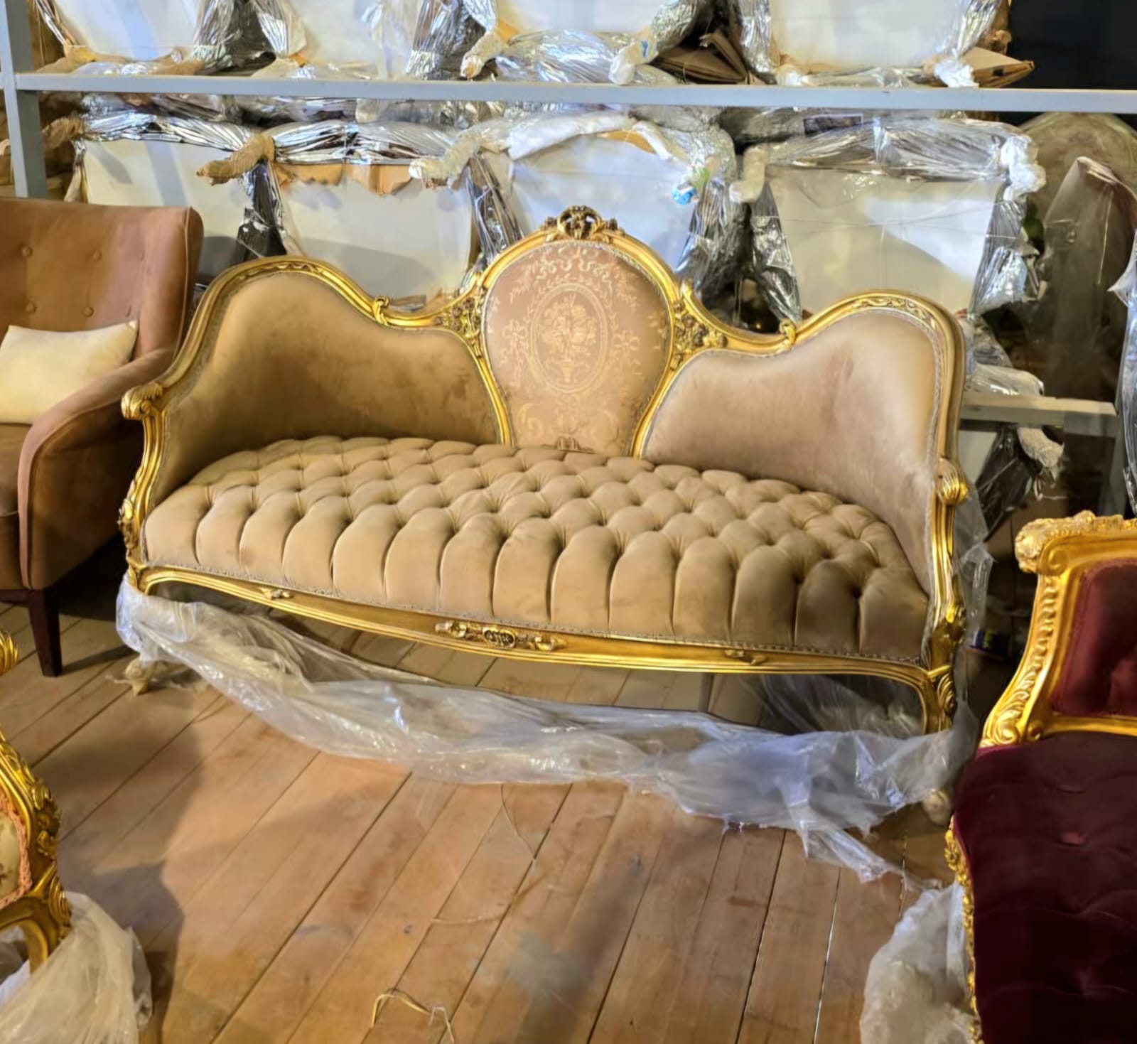 Grand French Louis XV Beige Velvet Sofa with Hand-Gilded Gold Leaf Frame & Tufted Seat