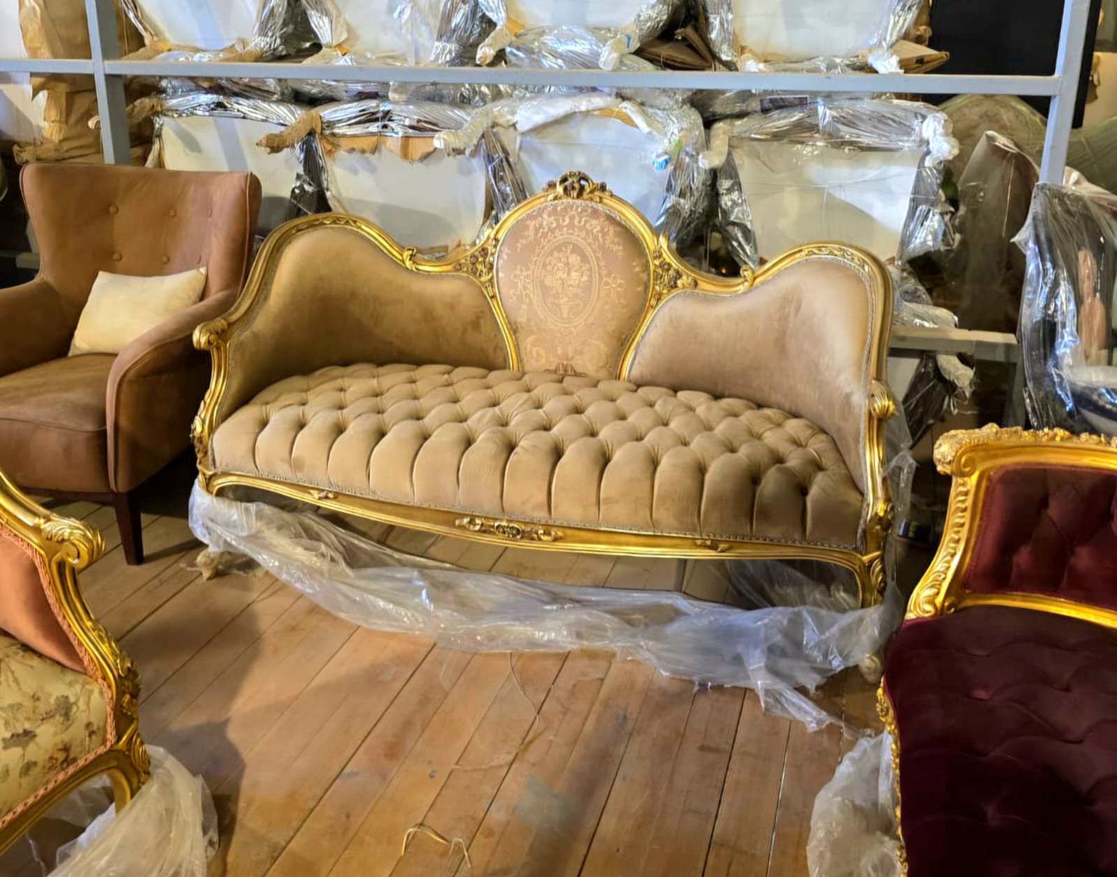 Grand French Louis XV Beige Velvet Sofa with Hand-Gilded Gold Leaf Frame & Tufted Seat