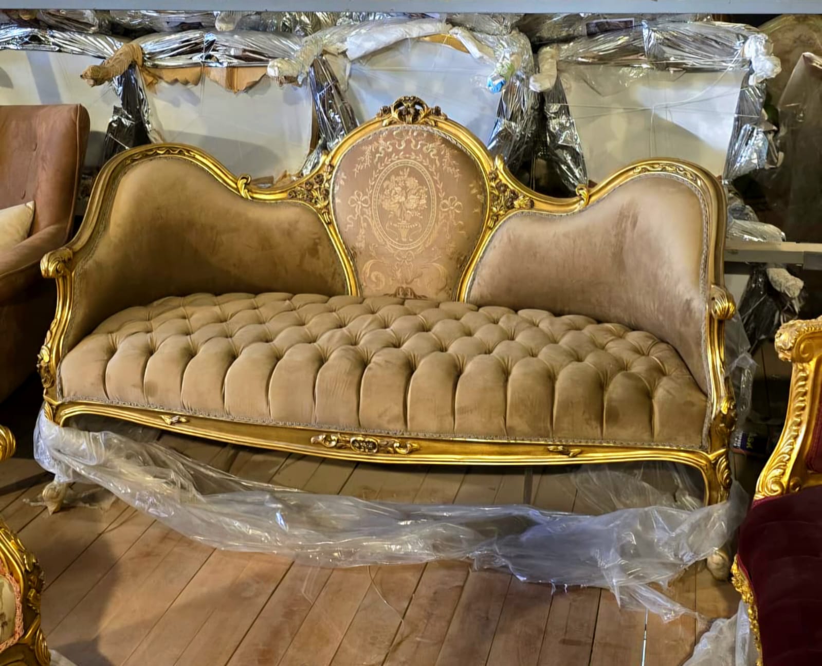 Grand French Louis XV Beige Velvet Sofa with Hand-Gilded Gold Leaf Frame & Tufted Seat