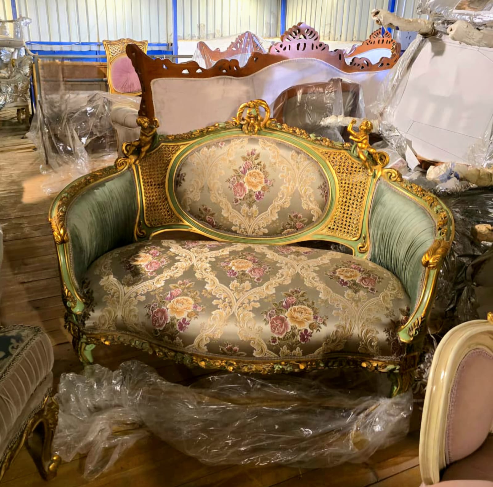 French Louis XV Romantic Loveseat with Floral Damask Upholstery, Sage Green Velvet Panels, Cherubs & Hand-Gilded Gold Leaf Frame