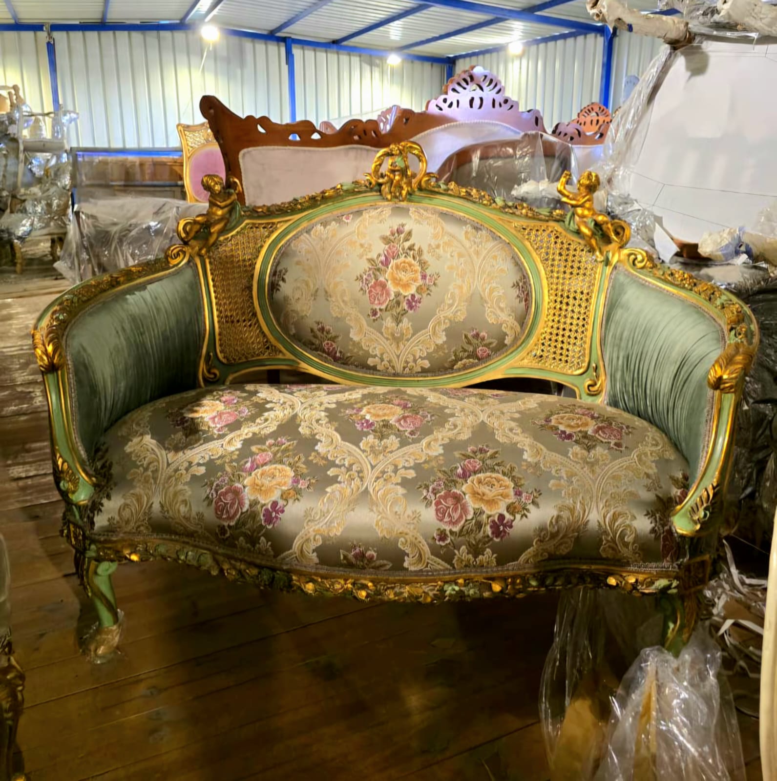 French Louis XV Romantic Loveseat with Floral Damask Upholstery, Sage Green Velvet Panels, Cherubs & Hand-Gilded Gold Leaf Frame