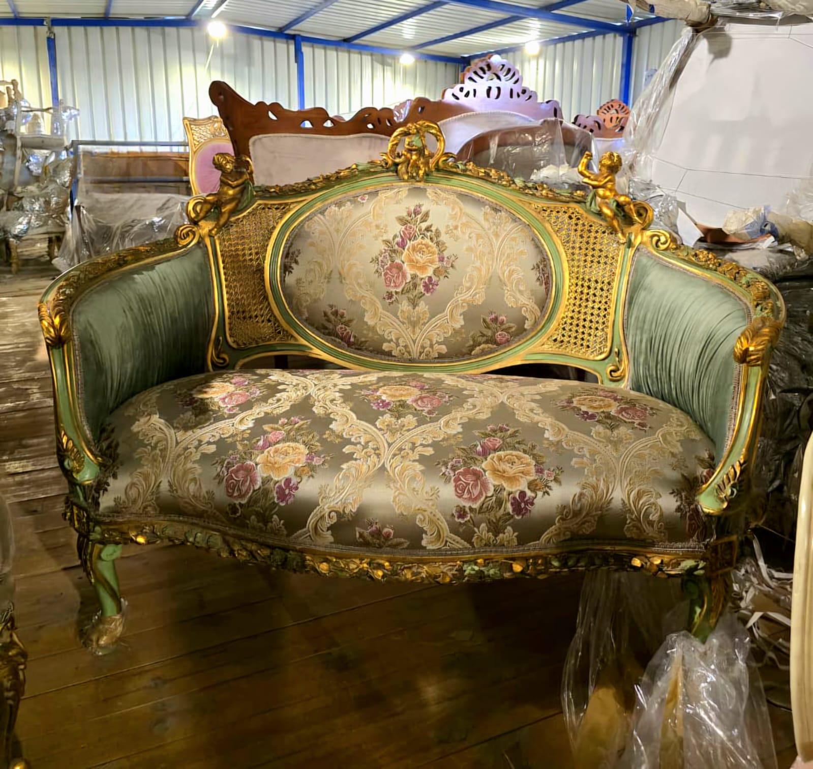 French Louis XV Romantic Loveseat with Floral Damask Upholstery, Sage Green Velvet Panels, Cherubs & Hand-Gilded Gold Leaf Frame