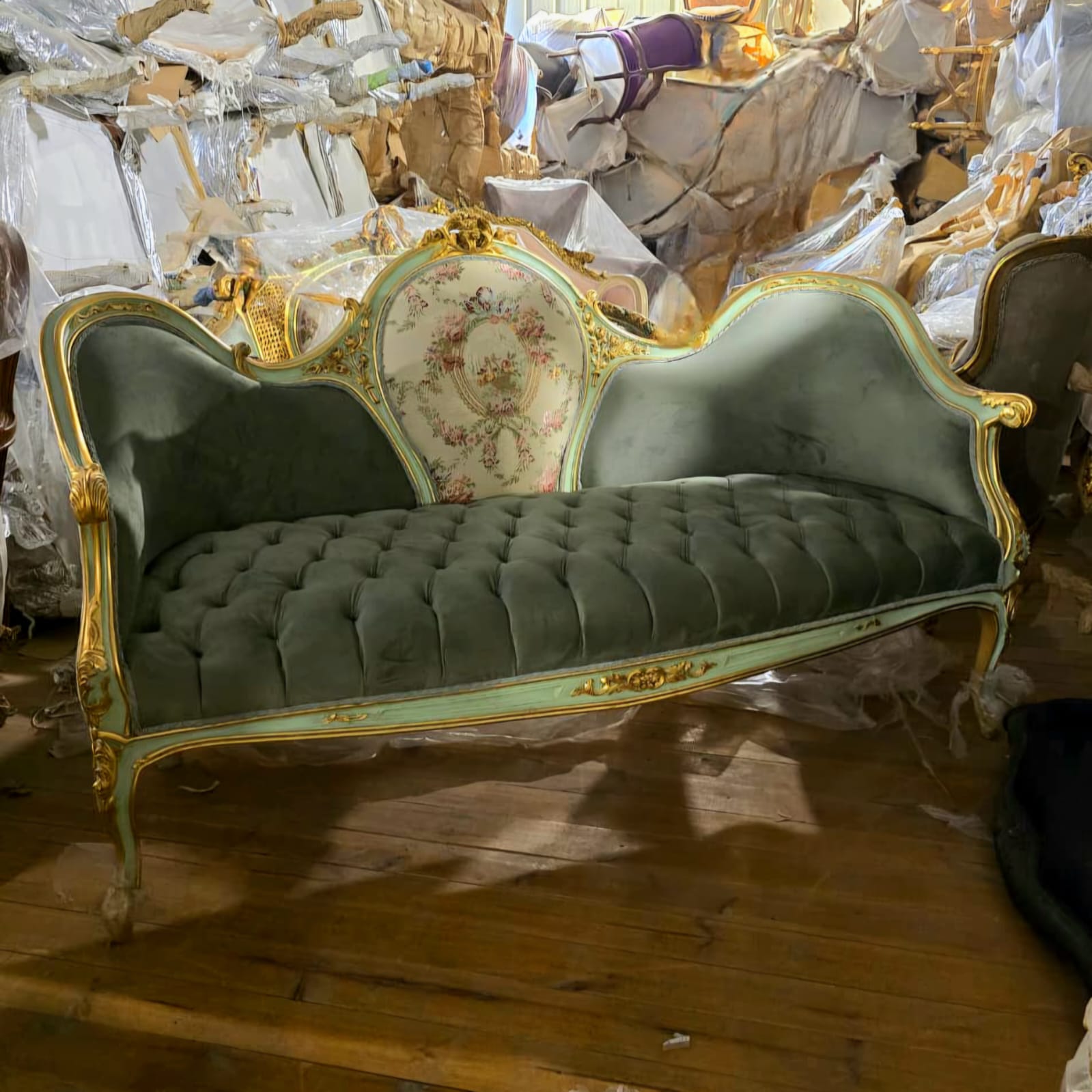 French Louis XV Three-Seat Velvet Sofa with Floral Damask Medallion & Hand-Gilded Frame